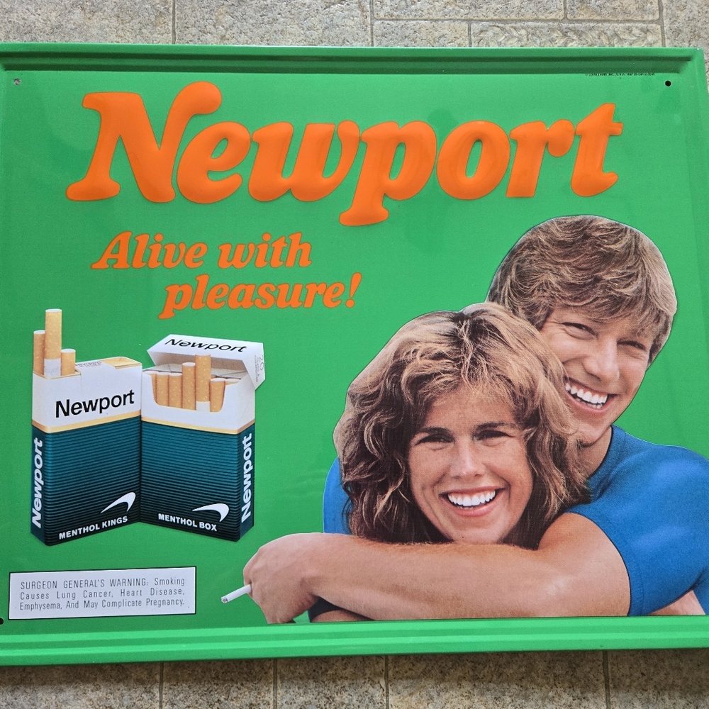 Vintage Metal Newport Cigarette Sign 1987 Advertising Green Orange Nostalgia